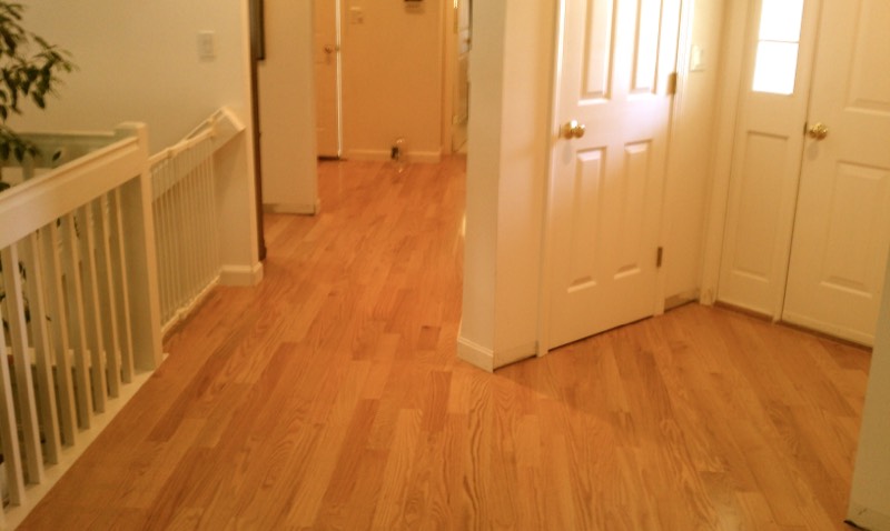 Light oak hardwood flooring through an entry and hallway