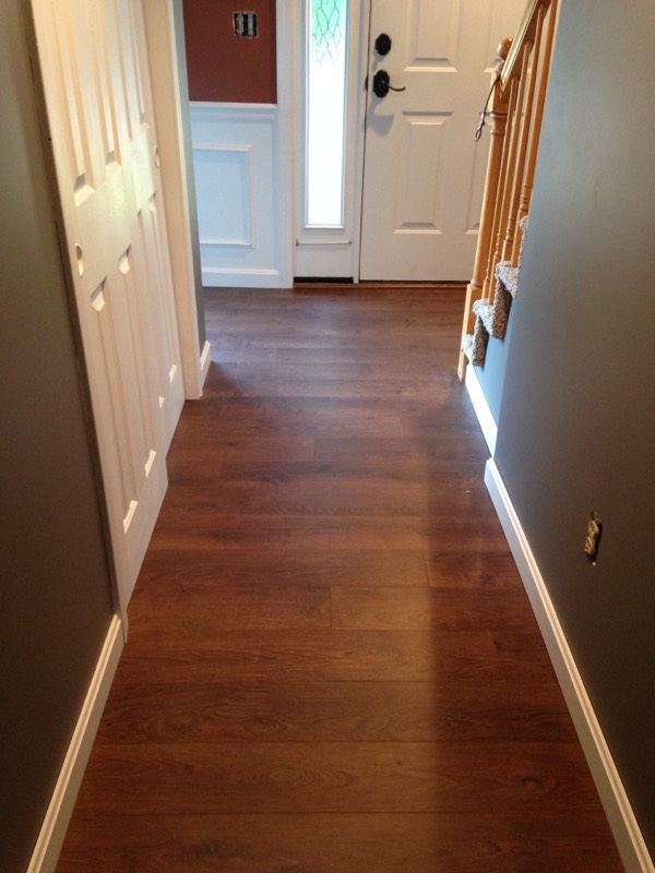 Dark hardwood hallway leading to a front entry and carpeted stairs